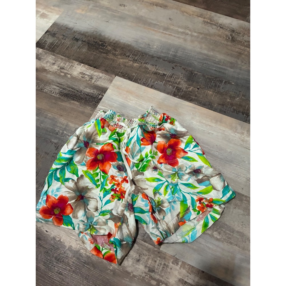 Westbound Womens Floral Linen Blend Shorts Smocked Waist Crochet Trim Small